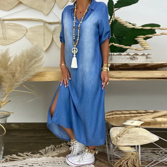 Sofia™  | Long dress in denim look with side slit