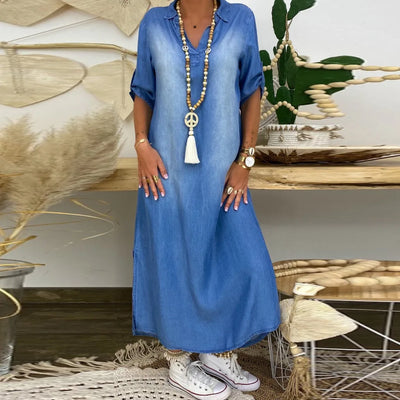 Sofia™  | Long dress in denim look with side slit