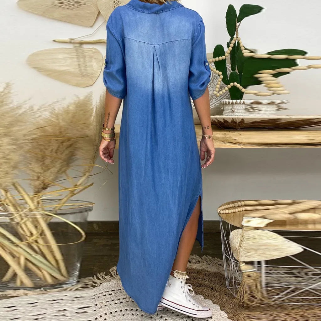 Sofia™  | Long dress in denim look with side slit
