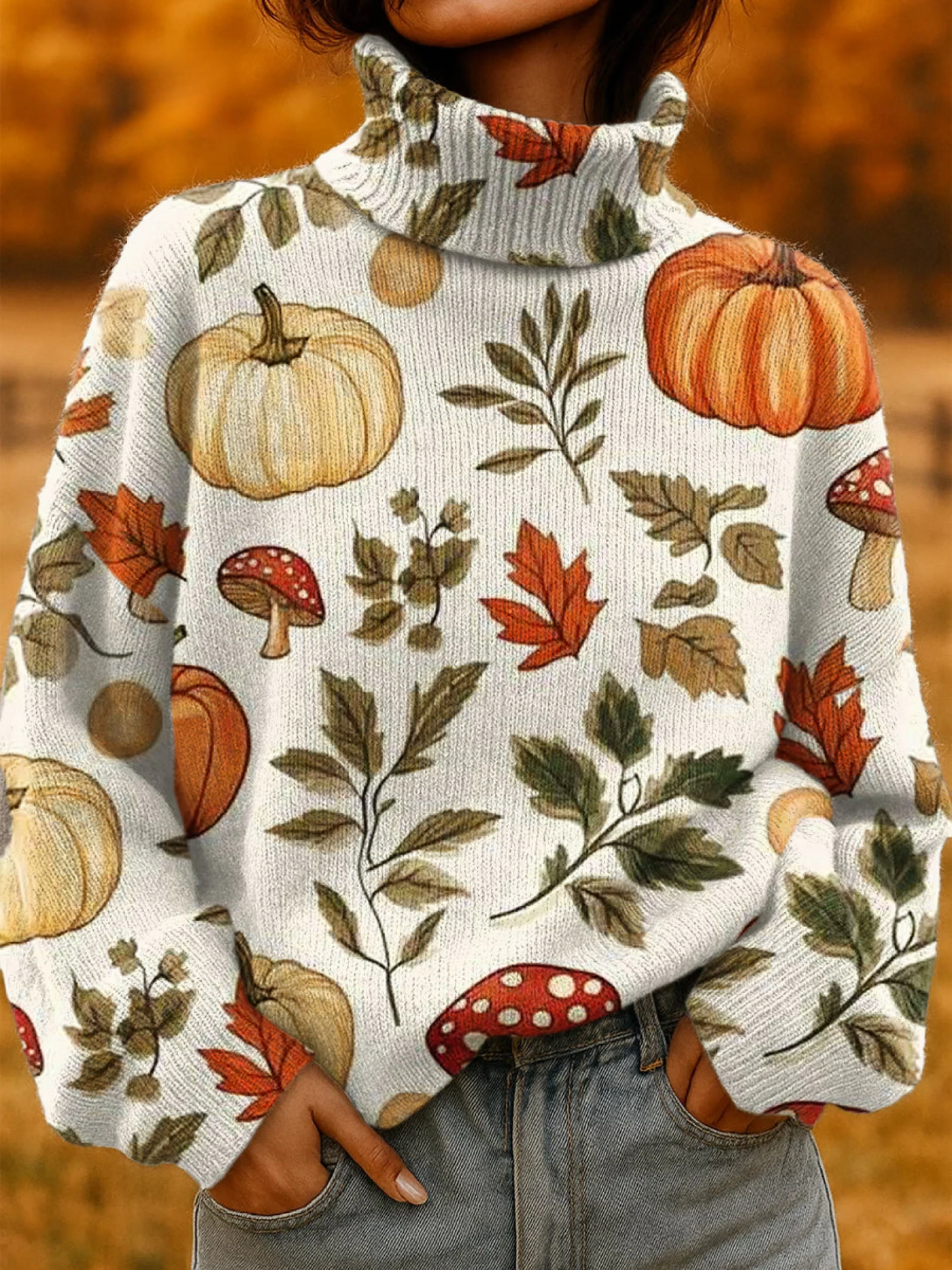 Women's sweater with pumpkin print for autumn
