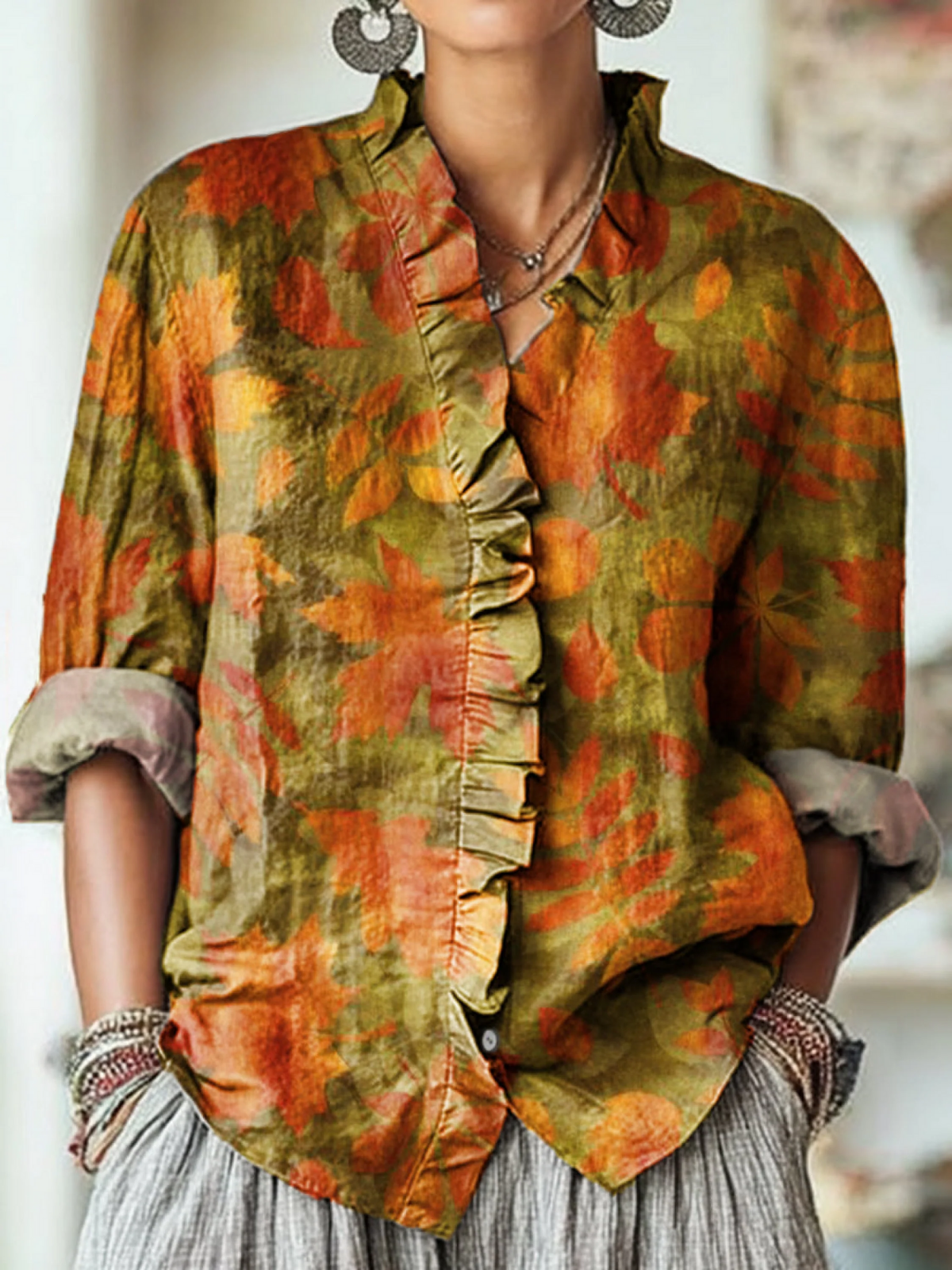 Women's Vintage Autumn Maple Leaf Painting, Art Print, Casual Cotton and Linen Sleeve Shirt