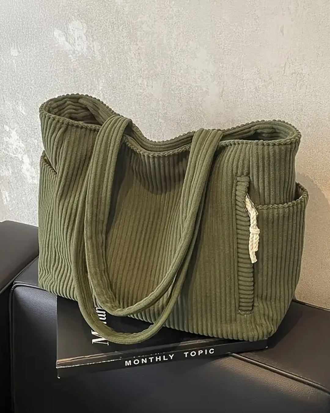 Sage – Ribbed carrier bag with cord detail