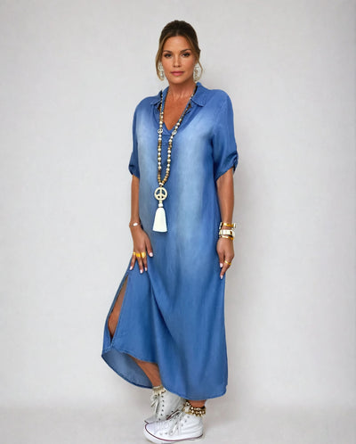 Sofia™  | Long dress in denim look with side slit
