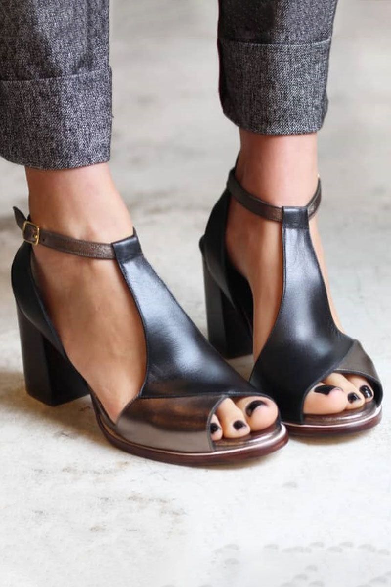 Ivy™ Elegant Black Patchwork Heeled Sandals with Open Toe – Perfect for Any Occasion
