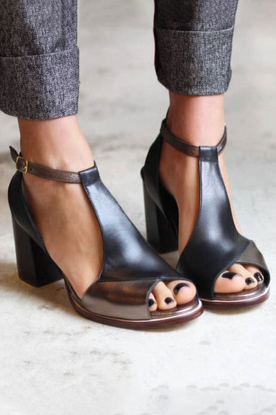 Ivy™ Elegant Black Patchwork Heeled Sandals with Open Toe – Perfect for Any Occasion