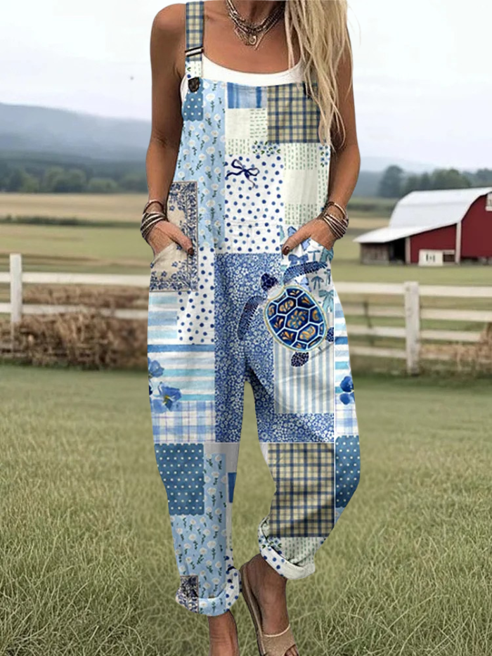 Debbie - Retro Marine Geometric Pattern Print Casual Wide Leg Jumpsuit