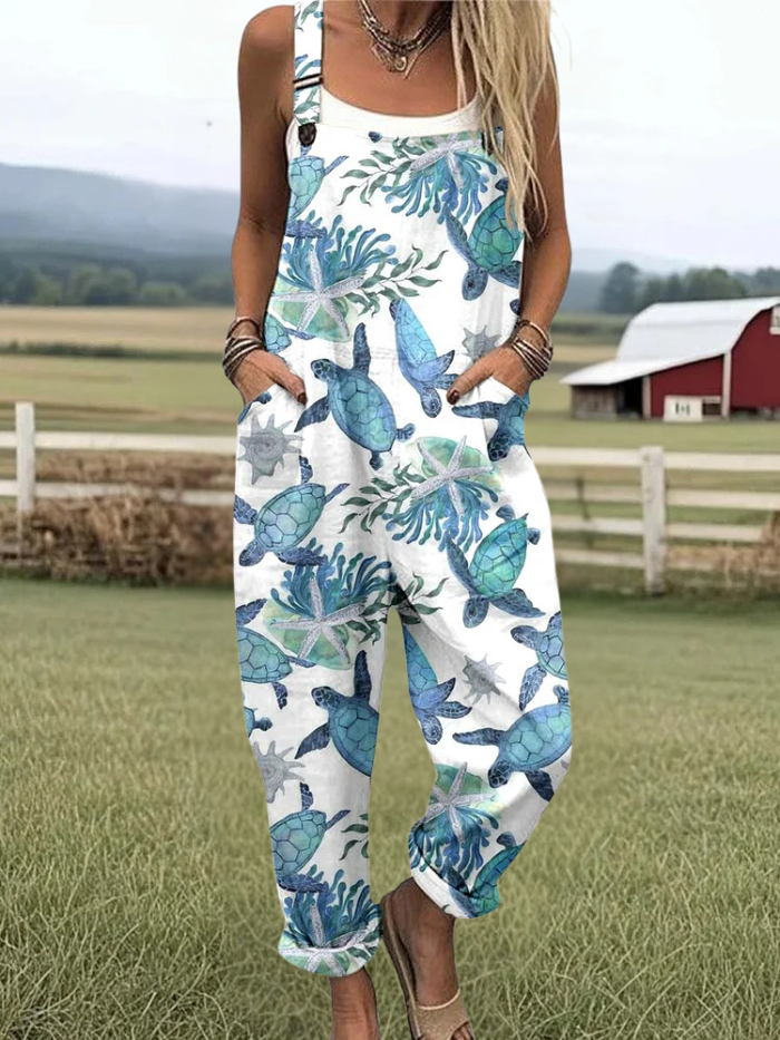 Cora - Holiday Style Turtle Pattern Print Casual Wide Leg Jumpsuit