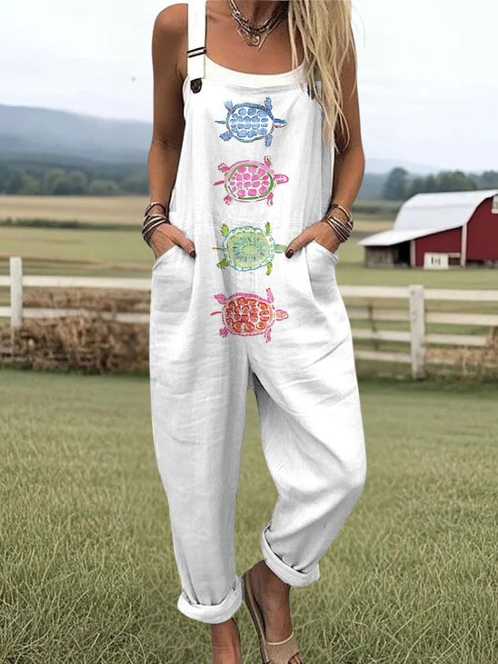 Clovis - Holiday Style Watercolor Turtle Pattern Print Casual Wide Leg Jumpsuit