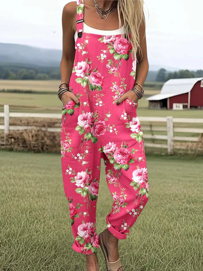 Evalyn - Retro Geometric Elegant Rose Print Casual Cotton Wide Leg Jumpsuit