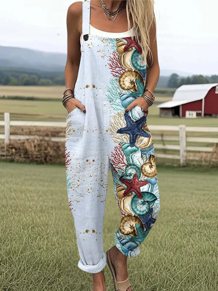 Ginny - Starfish Underwater World Irregular Pattern Print Casual Wide Leg Jumpsuit