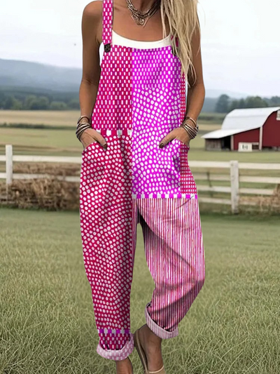 Clementine - Vintage Artistic Polka Dot Stripes Print Casual Wide Leg Jumpsuit