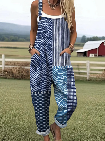 Clementine - Vintage Artistic Polka Dot Stripes Print Casual Wide Leg Jumpsuit