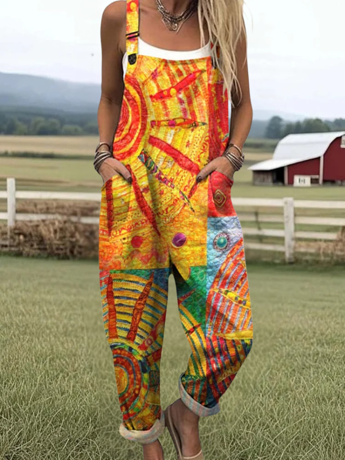 Emmylou - Vintage Abstract Sun Art Print Casual Wide Leg Jumpsuit
