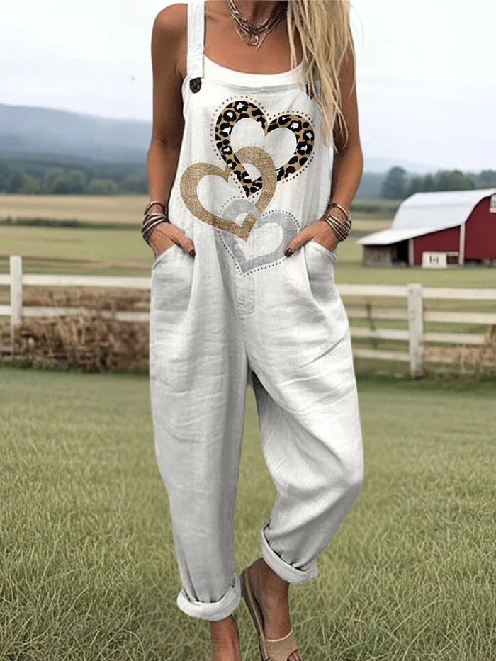 Hallie - Heart To Heart Pattern Print Casual Cotton Wide Leg Jumpsuit