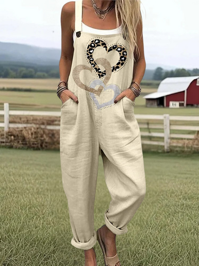 Hallie - Heart To Heart Pattern Print Casual Cotton Wide Leg Jumpsuit