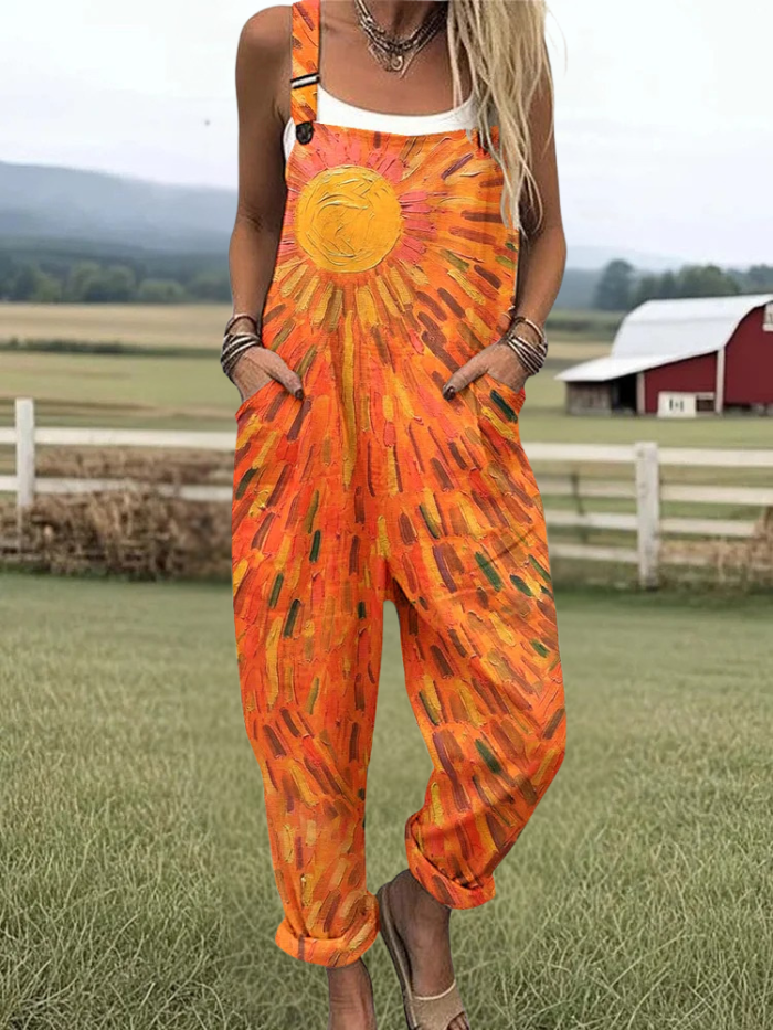 Juniper - Oil Painting Strokes Pattern Print Casual Wide Leg Jumpsuit