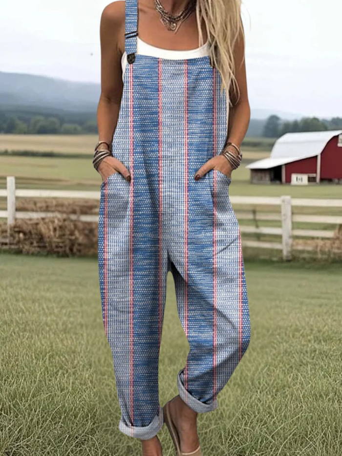 Faith - Holiday Style Stripe Pattern Print Casual Wide Leg Jumpsuit