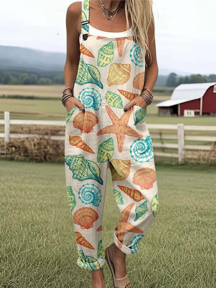 Blanche - Holiday Style Shell Pattern Print Casual Wide Leg Jumpsuit