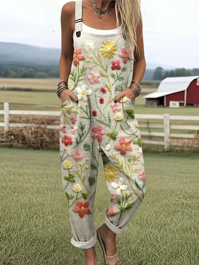 Florence - Retro Elegant Flower Print Casual Wide Leg Jumpsuit
