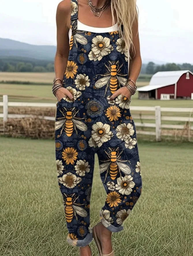 Beth - artistic bee and floral print jumpsuit
