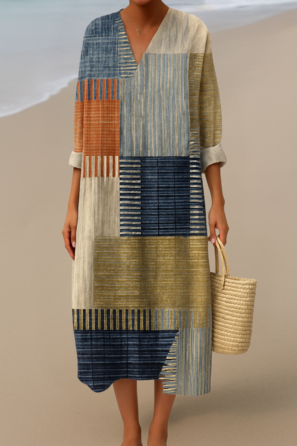 Maxi dress with patchwork pattern – natural colours for a bohemian look
