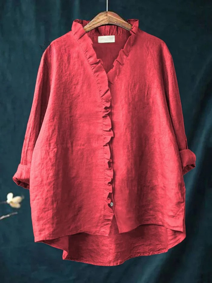Women's Cotton and Linen Shirt with Ruffles