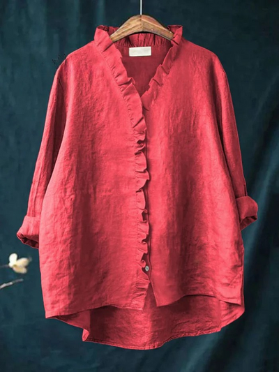 Women's Cotton and Linen Shirt with Ruffles