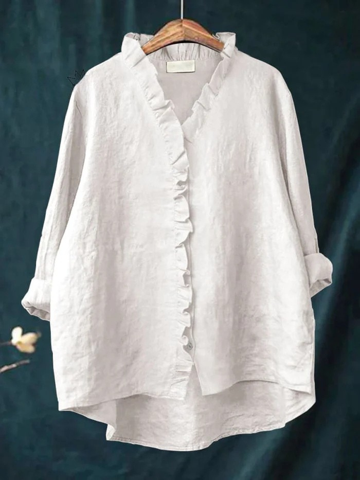 Women's Cotton and Linen Shirt with Ruffles