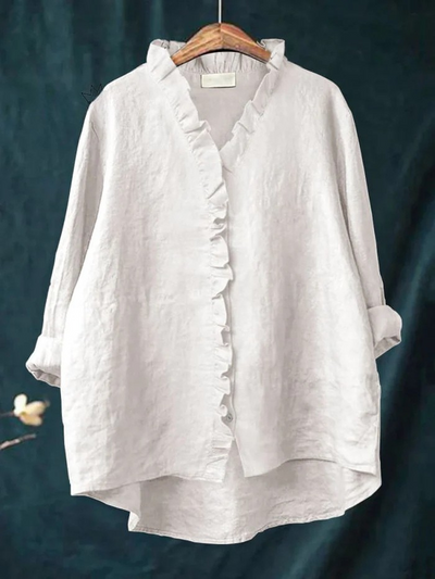Women's Cotton and Linen Shirt with Ruffles