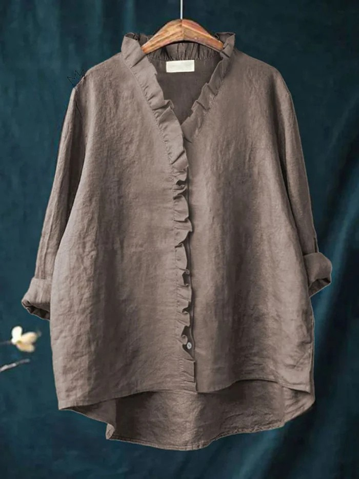Women's Cotton and Linen Shirt with Ruffles