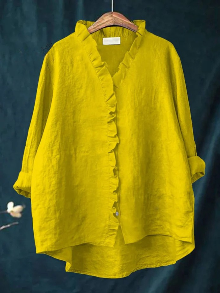 Women's Cotton and Linen Shirt with Ruffles