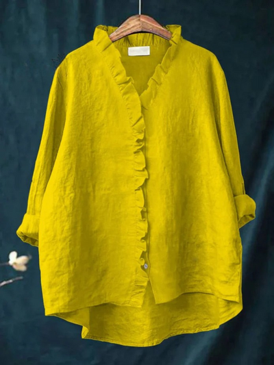 Women's Cotton and Linen Shirt with Ruffles