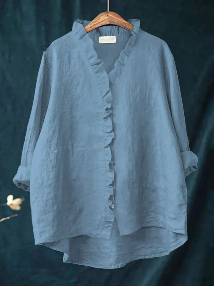 Women's Cotton and Linen Shirt with Ruffles