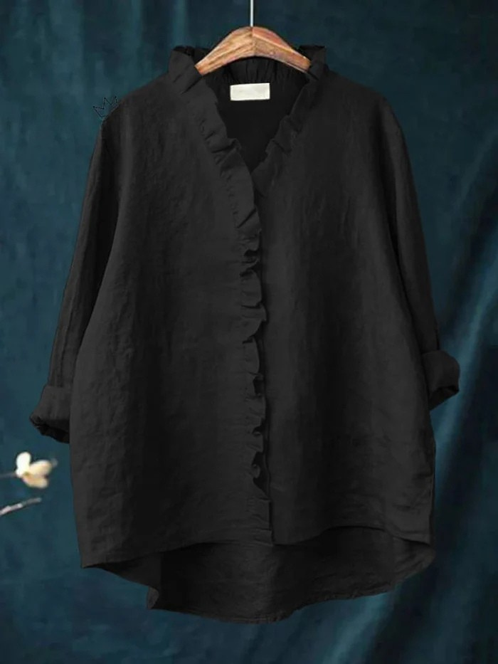 Women's Cotton and Linen Shirt with Ruffles