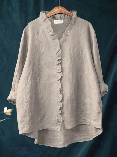 Women's Cotton and Linen Shirt with Ruffles