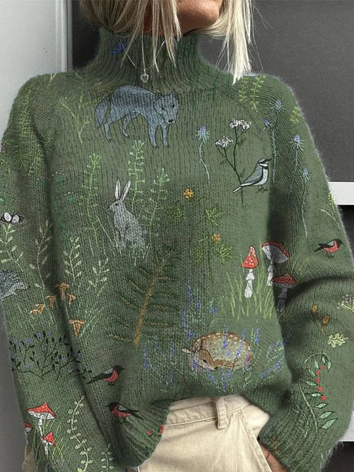 Sweater with forest and animal print and a turtleneck