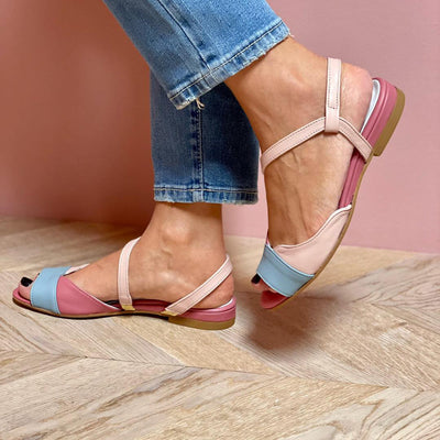 Amelia™ | Elegant asymmetrical pink sandals with colour block details