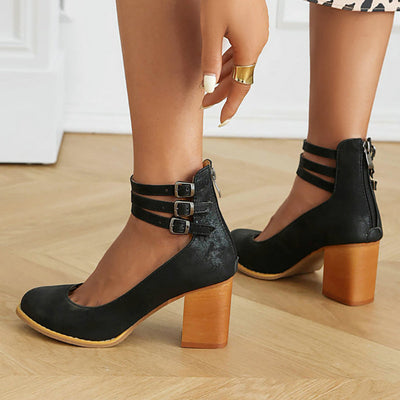 Freya™ | Elegant smooth sandals with ankle straps and thick heels for a sophisticated look