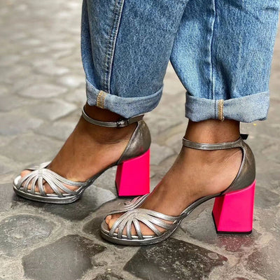 Esme™ | Shiny sandals with chunky heels and refined buckles for an elegant style