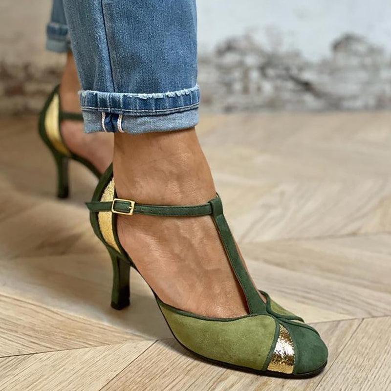 Evelyn™ | Elegant patchwork pumps with T-strap and closed toe for a refined style