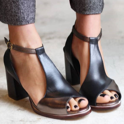Ivy™ Elegant Black Patchwork Heeled Sandals with Open Toe – Perfect for Any Occasion