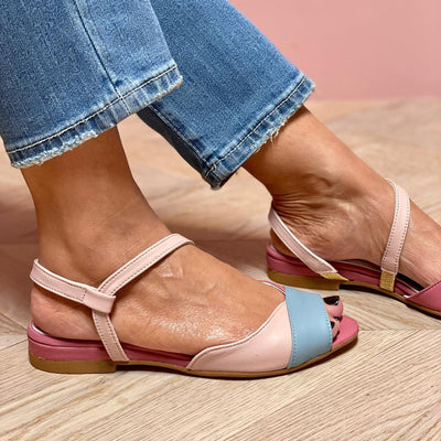 Amelia™ | Elegant asymmetrical pink sandals with colour block details