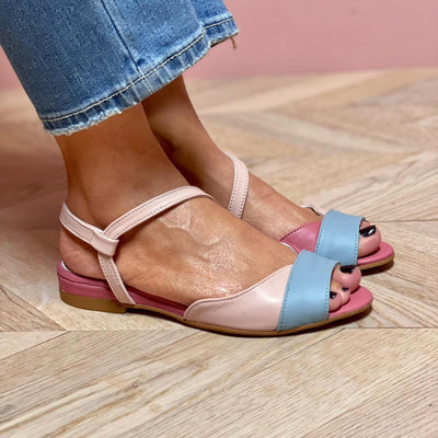 Amelia™ | Elegant asymmetrical pink sandals with colour block details