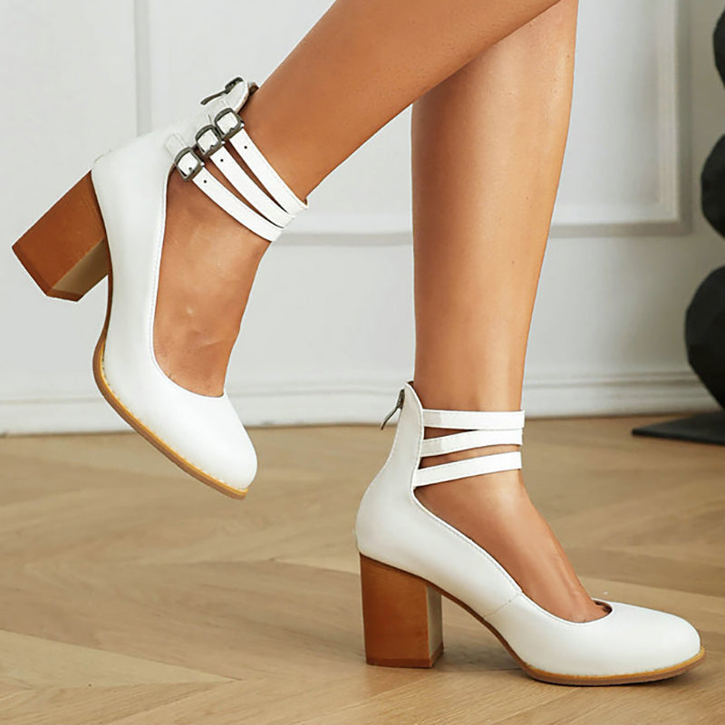 Freya™ | Elegant smooth sandals with ankle straps and thick heels for a sophisticated look