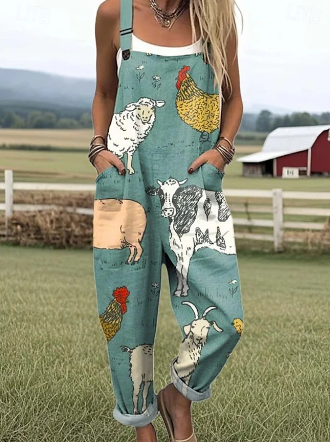 Kaye - jumpsuit with farm animals art print